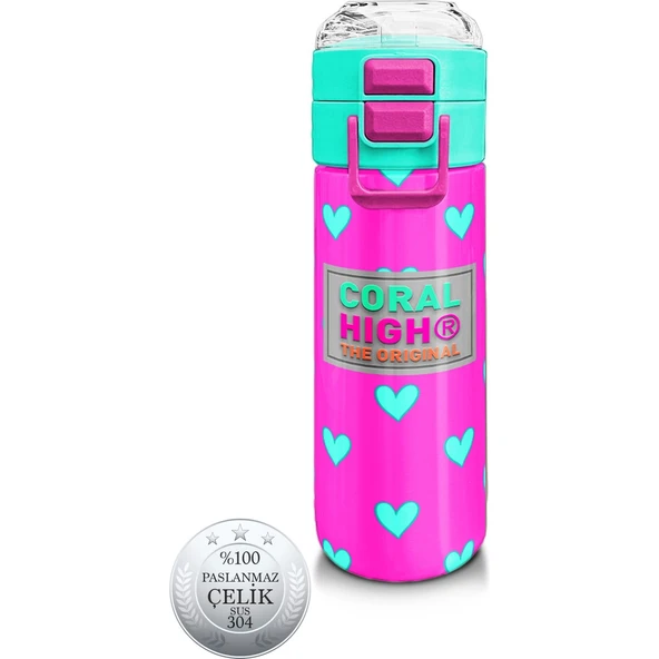 Coral High Kids Neon Pembe Su Yeşili Kalp Desenli Pipetli ve Direkt Içim Çelik Termos 500 ml 31906 ürün görseli 1