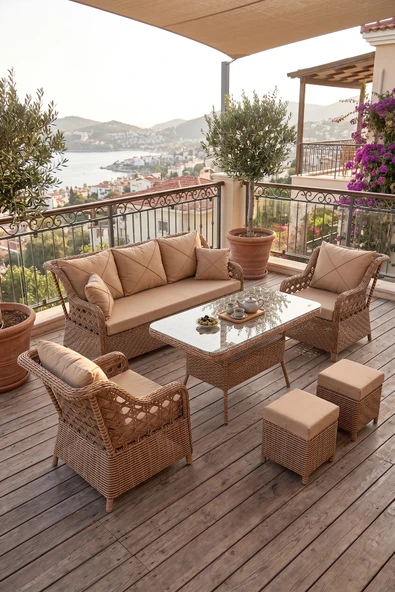 Frezya Serisi 1. Sınıf 3+1+1+2+2 Yastık Cappucino Rattan Cappucino Minder Bahçe Balkon Oturma Koltuk Takımı ürün görseli 1