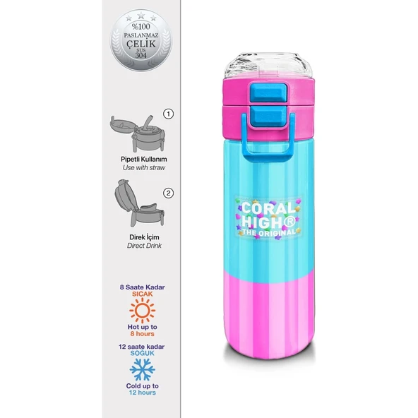 Coral High Kids Renkli Çizgili Desenli Pipetli ve Direkt Içim Çelik Termos 500 ml 31987 ürün görseli 1
