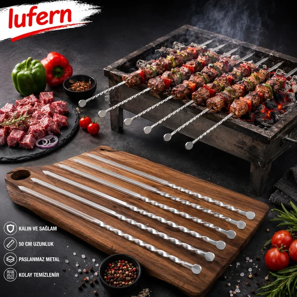 Yüksek Isıya Dayanıklı Burgulu Kuşbaşı Şişi Metal Kalın Kare Mangal Ateş Et Tavuk Sucuk 50 cm ürün görseli 1