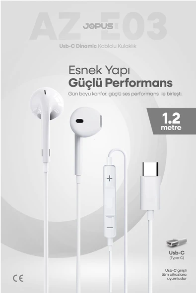 Jopus İphone 15-16-17 Serileri Uyumlu TAK ÇALIŞTIR - İphone Samsung Redmi Type-C Kablolu Kulaklık AZ-E03 ürün görseli 1