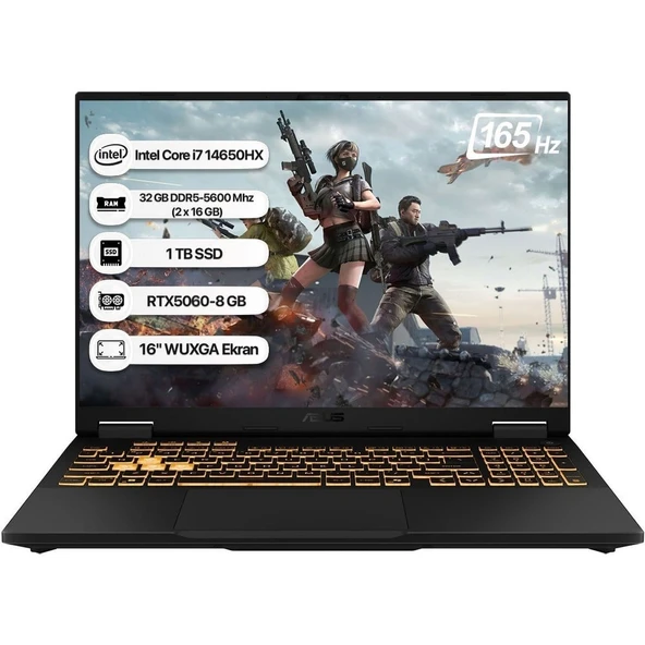 Asus Tuf Gaming F16 FX608JMR-RV078 Intel Core I7 14650HX 32GB 1 Tb SSD RTX5060-8GB 115W Freedos 16" 165Hz Wuxga Taşınabilir Bilgisayar ürün görseli 1