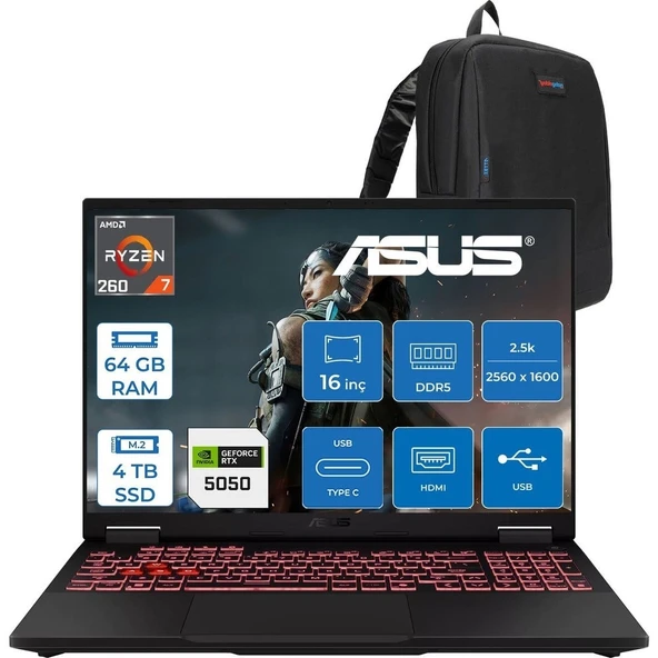 Asus Tuf Gaming A16 FA608UH Ryzen 7 260 Aı 64GB Ddr5 4tb SSD 16-Inch 8GB/RTX5050 115W, 1920 x 1200, Wuxga SRGB:100% 165Hz 3ms IPS Freedos Gaming Laptop ZRV099WF31+ZETTAÇANTA ürün görseli 1