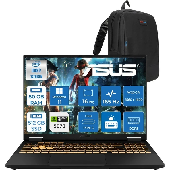 Asus Tuf Gaming F16 FX608JPR 14. Nesil Intel I7-14650HX 80GB Ddr5 512GB SSD 8GB/RTX5070 115W 165Hz 16"wqxga 2.5k 400NITS IPS Windows 11 Home Gaming Bilg. WQT070H22+ZETTAÇANTA ürün görseli 1