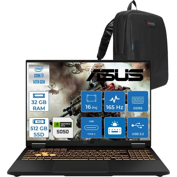 Asus Tuf Gaming F16 FX608JHR 14. Nesil Intel I7-14650HX 32GB Ddr5 512GB SSD 8GB/RTX5050 115W 165Hz 16"wuxga Fhd+ 300NITS IPS Freedos Gaming Bilg. WRV055F07+ZETTAÇANTA ürün görseli 1