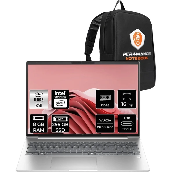 HP Elitebook 6 G1I Core Ultra 5 225U 8GB RAM 256GB SSD 16" FHD+ FreeDOS CV0G5ETPN301 Notebook + Per4 Çanta ürün görseli 1