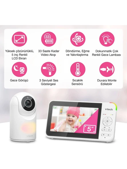 Vtech Döndürülebilir ve Eğilebilir Kameralı 5’’ Görüntülü Bebek Monitörü - VM5367 - Resim 2