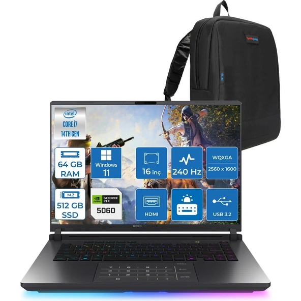 Asus Rog Strix G16 G615JMR-S5049 Intel® Core™ I7 14650HX 64GB 512GB SSD 8GB/RTX5060 Gddr7 115W 16 Inç 2,5k (2560 x 1600, Wqxga) 240Hz 3ms WINDOWS11PRO Gaming Laptop WS5049P25+ZETTAÇANTA ürün görseli 1