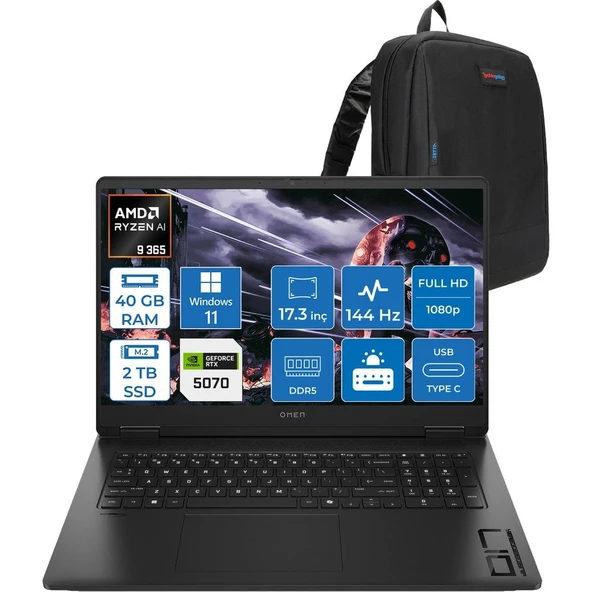 HP Omen 17-DB1003NT Amd Ryzen Aı 9 365 40GB Ddr5 2tb SSD RTX5070 8gb Gddr7 17.3 Inç Fullhd (1920 x 1080) 144Hz 7ms 300NITS IPS Windows 11 Pro Taşınabilir Bilgisayar C67G1EAP21 + Zetta Çanta ürün görseli 1