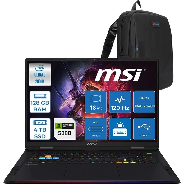 MSI Raider 18 Max Hx A2WI-1040TR Intel Core Ultra 9 290HX Plus 128GB Ddr5 4tb SSD Rtx 5080 16GB 175W Freedos 18” Uhd+ (3840X2400) Miniled 120HZ IPS Oyuncu Bilgisayarı 1040TRF28 + Zetta Çanta ürün görseli 1