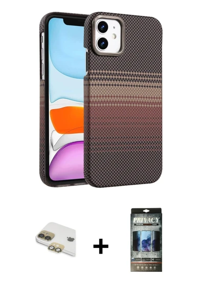 MARSİLYAN™- iPhone 11 Kılıf Doruk Serisi - Siyah 34D Hayalet Izgaralı Cam + Pers Alüminyum Kamera Lens - GD ürün görseli 1