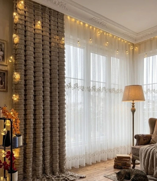 NİVEMESHOME EYLÜLZADE GOLD DETAY 1/3  PİLELİ TÜL PERDE APM ürün görseli 1