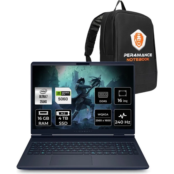 Dell Alienware 16X Aurora Core Ultra 7 255HX RTX 5060 8GB Gaming Laptop 16GB RAM 4TB SSD 16" QHD+ FreeDOS + Per4 Çanta AC16251CU732156WP311 ürün görseli 1