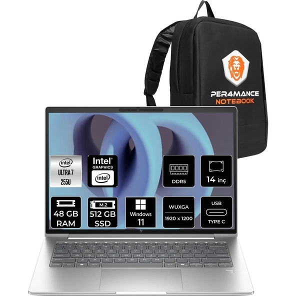 HP Elitebook 6 G1I Core Ultra 7 255U 48GB RAM 1TB SSD 14" FHD+ Win11 Pro CV0G8ETPN428 Notebook + Per4 Çanta ürün görseli 1