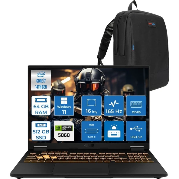 Asus Tuf Gaming F16 FX608JMR 14. Nesil Intel I7-14650HX 64GB Ddr5 512GB SSD 8GB/RTX5060 115W 165Hz 16"wuxga Fhd+ 300NITS IPS WIN11PRO Gaming Bilg. WRV077P17+ZETTAÇANTA ürün görseli 1