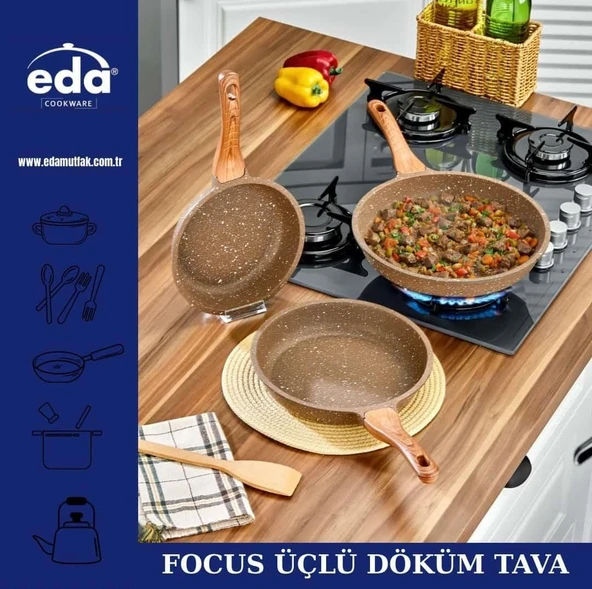 Eda Focus Kahverengi Granit Döküm 3'lü Tava Seti 20-24-28 cm ZK-922 ürün görseli 1