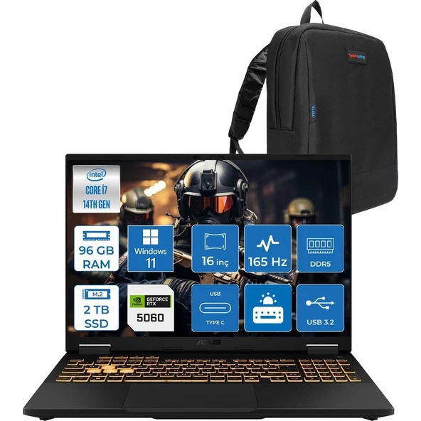 Asus Tuf Gaming F16 FX608JMR 14. Nesil Intel I7-14650HX 96GB Ddr5 2tb SSD 8GB/RTX5060 115W 165Hz 16"wuxga Fhd+ 300NITS IPS WIN11PRO Gaming Bilg. WRV077P29+ZETTAÇANTA ürün görseli 1