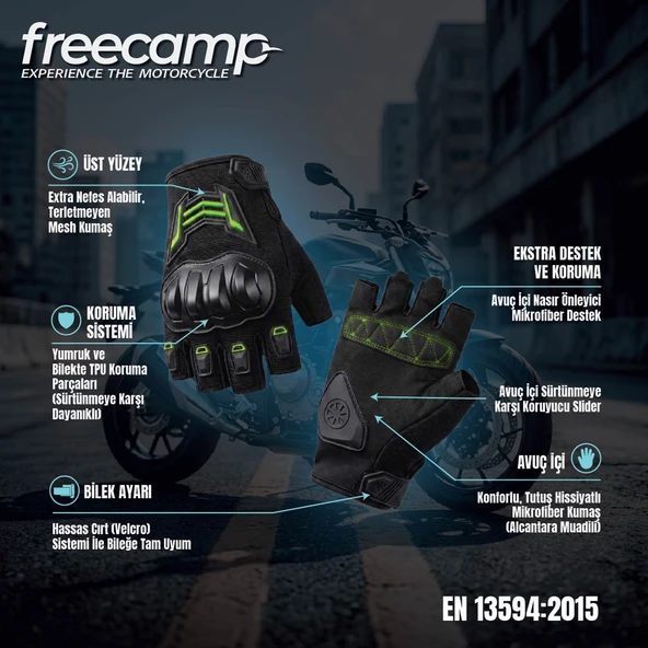 FreeCamp Power Yarım Parmak Motosiklet Eldiveni EN 13594-SİYAH-YEŞİL ürün görseli 1