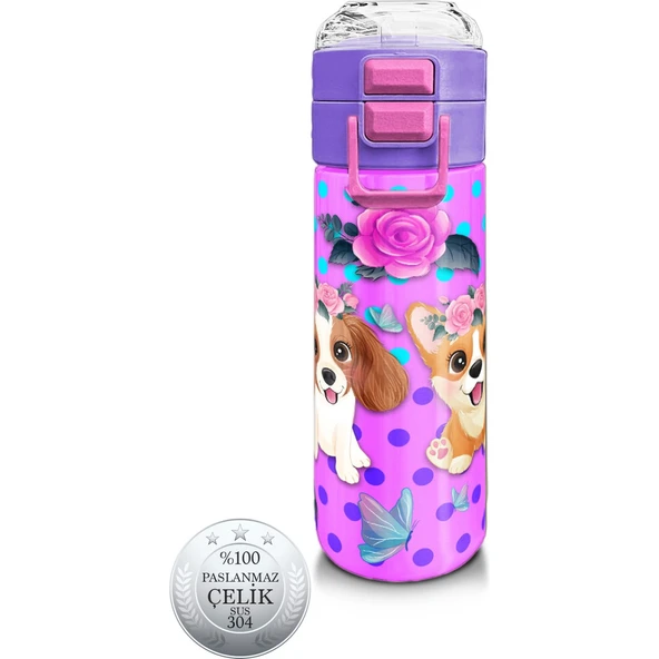 Coral High Kids Pembe Köpek Desenli Pipetli ve Direkt Içim Çelik Termos 500 ml 31951 ürün görseli 1