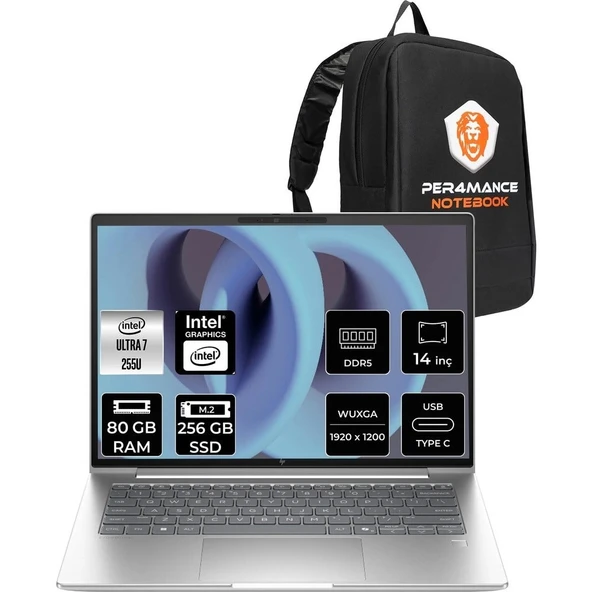 HP Elitebook 6 G1I Core Ultra 7 255U 80GB RAM 512GB SSD 14" FHD+ FreeDOS CV0G8ETPN337 Notebook + Per4 Çanta ürün görseli 1