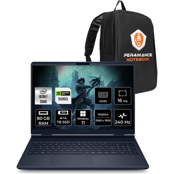 Dell Alienware 16X Aurora Core Ultra 7 255HX RTX 5060 8GB Gaming Laptop 80GB RAM 4TB SSD 16" QHD+ Win11 Pro + Per4 Çanta AC16251CU732156WP468 ürün görseli 1