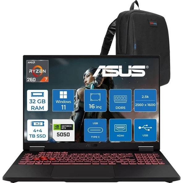 Asus Tuf Gaming A16 FA608UH Ryzen 7 260 Aı 32GB Ddr5 4tb Ssd+4tb SSD 16-Inch 8GB/RTX5050 115W, 1920 x 1200, Wuxga SRGB:100% 165Hz 3ms IPS WINDOWS11PRO Gaming Laptop ZRV099WP16+ZETTAÇANTA ürün görseli 1