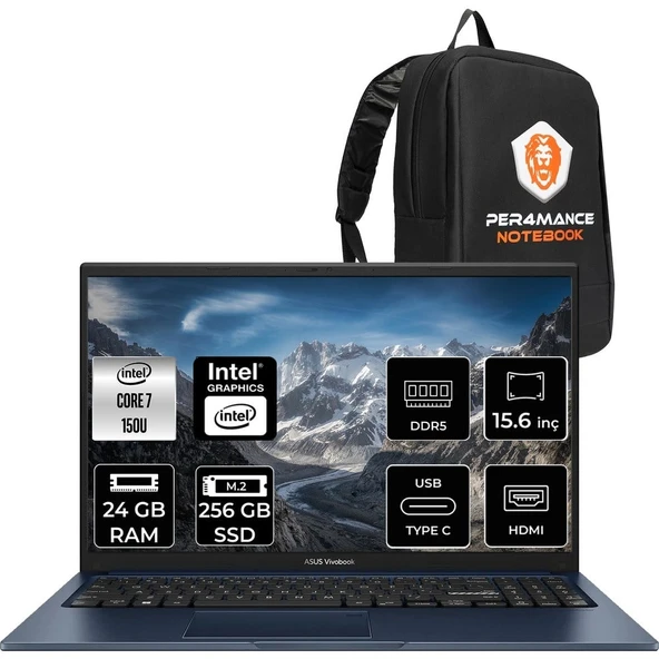 Asus Vivobook 15 Core 7 150U Notebook 24GB RAM 256GB SSD 15.6" FHD FreeDOS + Per4 Çanta X1504VABQ5456P311 ürün görseli 1
