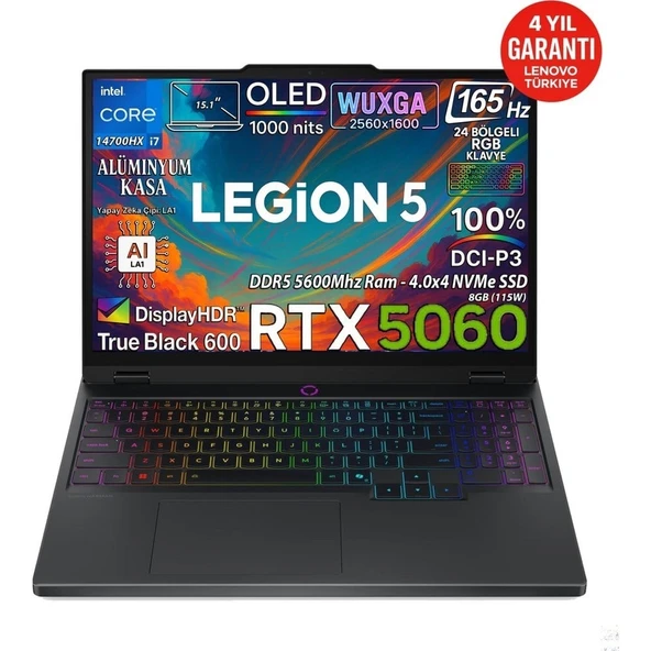 Lenovo Legion 5 15IRX10 Intel Core I7 14700HX 24-Gbddr5 512 GB SSD RTX5060 8gb (115W) OLED 15.1" Wqxga (2560X1600) 165Hz Freedos 83LY00KXTRAT34 ürün görseli 1