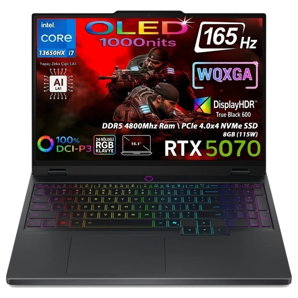 Lenovo Legion 5 15IRX10 Intel Core I7 13650HX 24GB Ddr5 512GB SSD RTX5070 Freedos 15.1" Wqxga (2560X1600) OLED 165Hz Taşınabilir Bilgisayar 83LY00CJTR4 ürün görseli 1