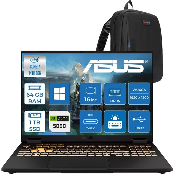 Asus Tuf Gaming F16 FX608JMI Intel® Core™ I7 14650HX 64GB Ddr5 1tb SSD 8GB/RTX5060 115W 16-Inch Fhd+ 1920 x 1200, 144Hz IPS-SRGB:100% WINDOWS11PRO Gaming Laptop WTU403P27+ZETTAÇANTA ürün görseli 1