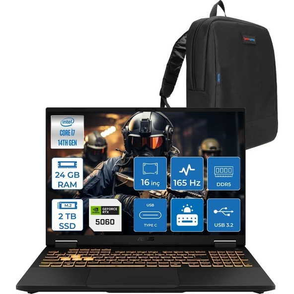 Asus Tuf Gaming F16 FX608JMR 14. Nesil Intel I7-14650HX 24GB Ddr5 2tb SSD 8GB/RTX5060 115W 165Hz 16"wuxga Fhd+ 300NITS IPS Freedos Gaming Bilg. WRV077F04+ZETTAÇANTA ürün görseli 1