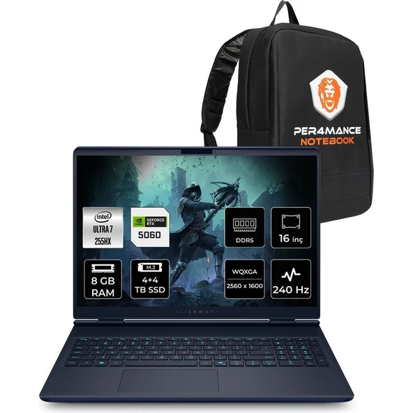 Dell Alienware 16X Aurora Core Ultra 7 255HX RTX 5060 8GB Gaming Laptop 8GB RAM 4TB SSD 16" QHD+ FreeDOS + Per4 Çanta AC16251CU732156WP306 ürün görseli 1