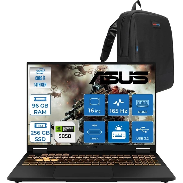 Asus Tuf Gaming F16 FX608JHR 14. Nesil Intel I7-14650HX 96GB Ddr5 256GB SSD 8GB/RTX5050 115W 165Hz 16"wuxga Fhd+ 300NITS IPS Freedos Gaming Bilg. WRV055F26+ZETTAÇANTA ürün görseli 1