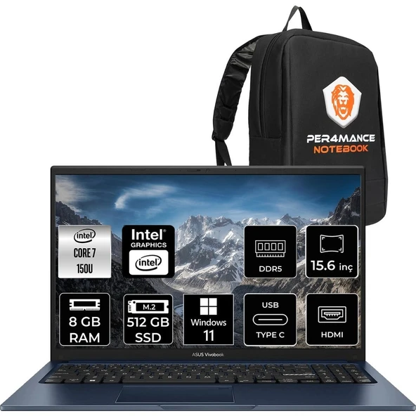 Asus Vivobook 15 Core 7 150U Notebook 8GB RAM 512GB SSD 15.6" FHD Win11 Pro + Per4 Çanta X1504VABQ5456P342 ürün görseli 1