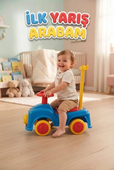 İlk Yarış Arabam 10 - 15 KG Taşıma Kapasiteli Dayanıklı Binişli Ayıcık Süslemeli Oyuncak Araba ürün görseli 1