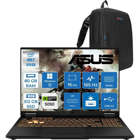 Asus Tuf Gaming F16 FX608JHR 14. Nesil Intel I7-14650HX 80GB Ddr5 512GB SSD 8GB/RTX5050 115W 165Hz 16"wuxga Fhd+ 300NITS IPS WIN11PRO Gaming Bilg. WRV055P22+ZETTAÇANTA ürün görseli 1