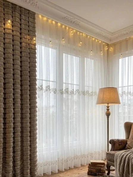 NİVEMESHOME EYLÜLZADE GOLD DETAY 1/3 PİLELİ TÜL PERDE APM ürün görseli 1
