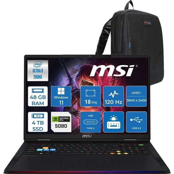 MSI Raider 18 Max Hx A2WI-1040TR Intel Core Ultra 9 290HX Plus 48GB Ddr5 4tb SSD Rtx 5080 16GB 175W Windows 11 Pro 18” Uhd+ (3840X2400) Miniled 120HZ IPS Oyuncu Bilgisayarı 1040TRP08 + Zetta Çanta ürün görseli 1