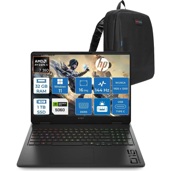 HP Omen Gaming Amd Ryzen™ Aı 7 350 32GB Ddr5 1tb SSD 16" Inch 8GB/RTX5060 2k (1920 x 1200),144 Hz, IPS 300NIT Mikro Kenarlı Yansımasız WIN11PRO Gaming Bilgisayar C12CSEAP13+ZETTAÇANTA ürün görseli 1