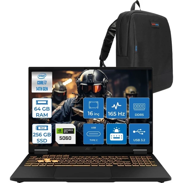 Asus Tuf Gaming F16 FX608JMR 14. Nesil Intel I7-14650HX 64GB Ddr5 256GB SSD 8GB/RTX5060 115W 165Hz 16"wuxga Fhd+ 300NITS IPS Freedos Gaming Bilg. WRV077F16+ZETTAÇANTA ürün görseli 1