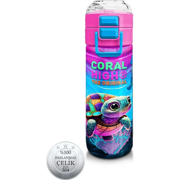 Coral High Kids Pembe Mor Kaplumbağa Desenli Pipetli ve Direkt Içim Çelik Termos 500 ml 31957 ürün görseli 1