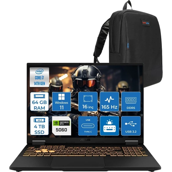 Asus Tuf Gaming F16 FX608JMR 14. Nesil Intel I7-14650HX 64GB Ddr5 4tb SSD 8GB/RTX5060 115W 165Hz 16"wuxga Fhd+ 300NITS IPS WIN11PRO Gaming Bilg. WRV077P20+ZETTAÇANTA ürün görseli 1