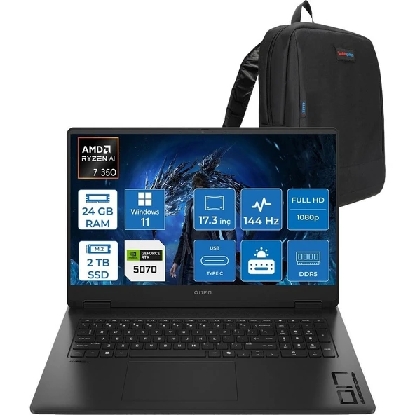 HP Omen 17-DB1005NT Amd Ryzen Aı 7 350 24GB Ddr5 2tb SSD RTX5070 8gb Gddr7 17.3 Inç Fullhd (1920 x 1080) 144Hz 7ms 300NITS IPS Windows 11 Pro Taşınabilir Bilgisayar C67G2EAP09 + Zetta Çanta ürün görseli 1