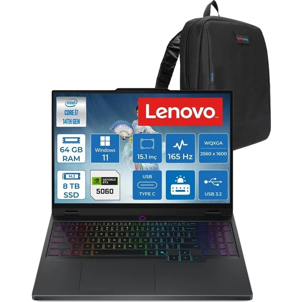 Lenovo Legion 5 15IRX10 Intel Core I7 14700HX 64GB Ddr5 8tb SSD RTX5060 8gb Gddr7 115W Windows 11 Pro 15.1" OLED 1000NITS 165Hz Wqxga (2560X1600) Taşınabilir Bilgisayar W83LY00KXTRP36 + Zetta Çanta ürün görseli 1