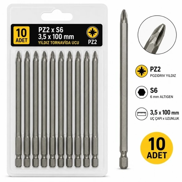 10 Adet PZ2 x S6 3,5 x 100 mm Yıldız Tornavida Ucu Pozidriv Vidalama Ucu Uzun Tip ürün görseli 1