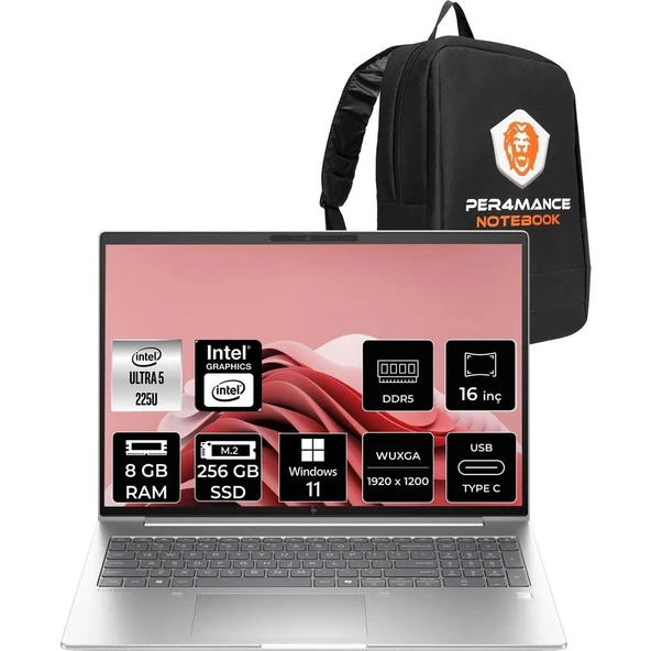 HP Elitebook 6 G1I Core Ultra 5 225U 8GB RAM 256GB SSD 16" FHD+ Win11 Pro CV0G5ETPN401 Notebook + Per4 Çanta ürün görseli 1
