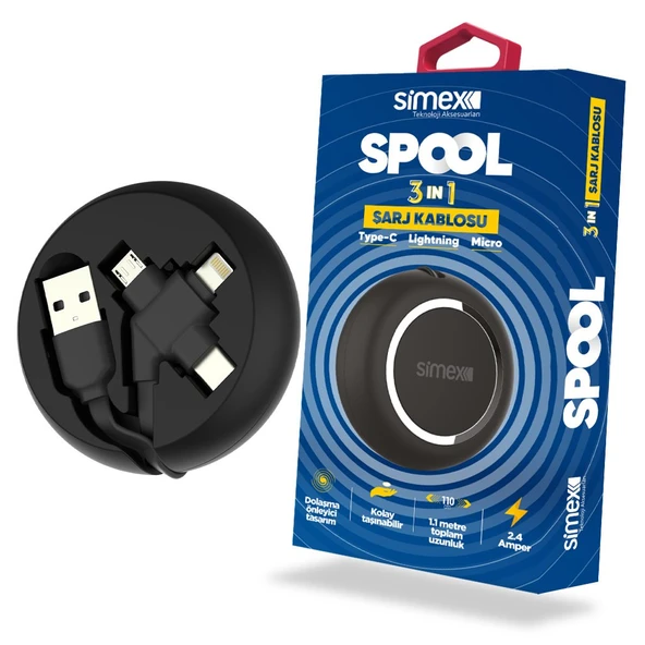 Simex 3in1 Şarj Kablosu Type-C Lightning Micro USB 2.4A Makaralı Seyahat Tipi Şarj Kablosu 1.1m - SPK-07 ürün görseli 1