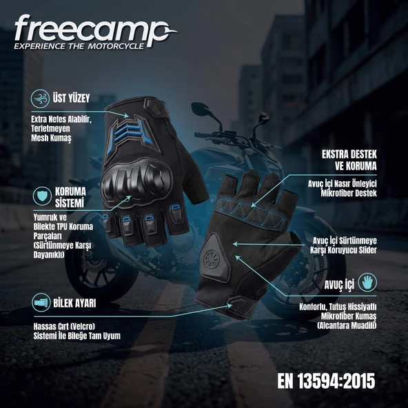FreeCamp Power Yarım Parmak Motosiklet Eldiveni EN 13594-SİYAH-MAVİ ürün görseli 1