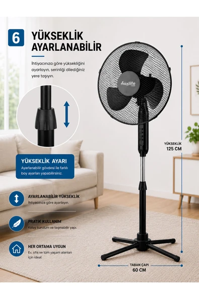 16" Teleskopik Ayaklı Vantilatör , 3 Kademe - Resim 6