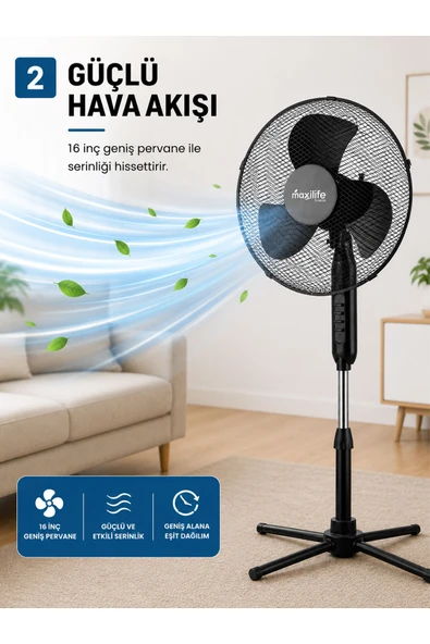 16" Teleskopik Ayaklı Vantilatör , 3 Kademe - Resim 2